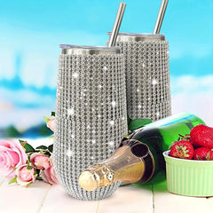 Glitter Rhinestone Tumbler 6oz Stainless Steel Water Bottle With Lid And Straw