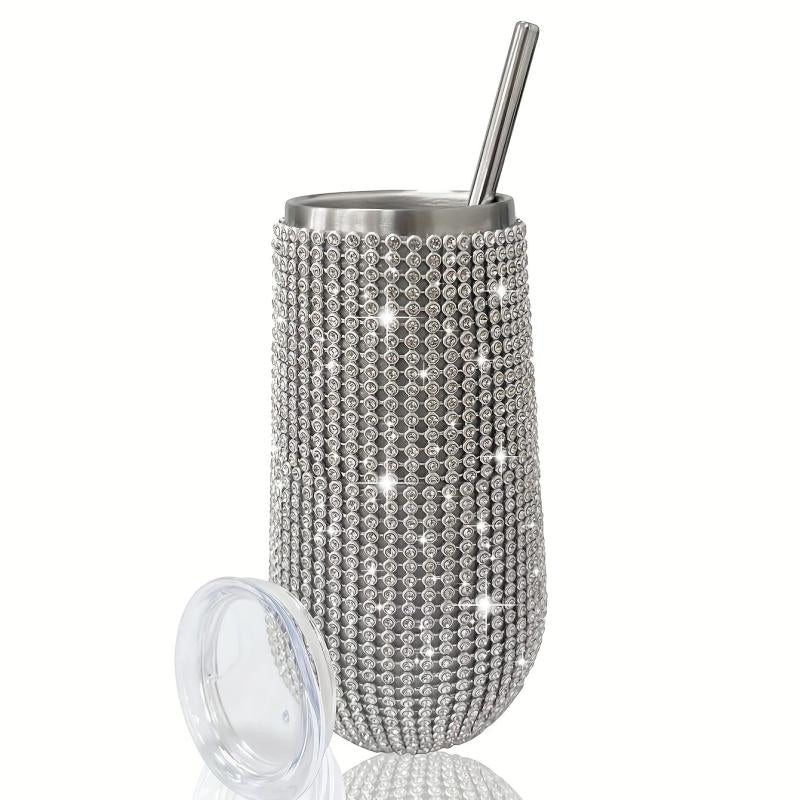 Glitter Rhinestone Tumbler 6oz Stainless Steel Water Bottle With Lid And Straw