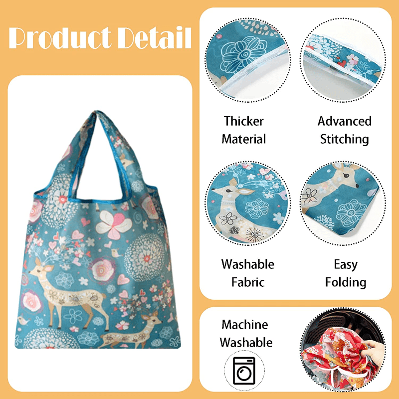 Reusable Floral Polyester Shopping Bag Machine Washable Grocery Bags