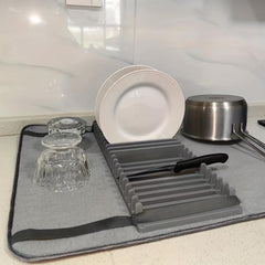 Plastic Dish Drying Rack and Microfiber Mat, Removable Cutlery Tray