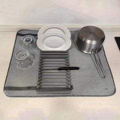 Plastic Dish Drying Rack and Microfiber Mat, Removable Cutlery Tray