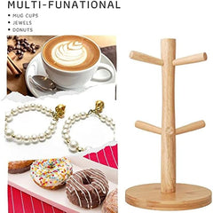 Wood Mug Holder With Thick Base, Coffee Cup Rack Organizer With 6 Hooks