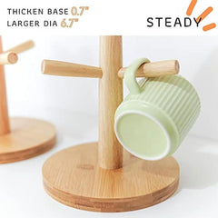 Wood Mug Holder With Thick Base, Coffee Cup Rack Organizer With 6 Hooks