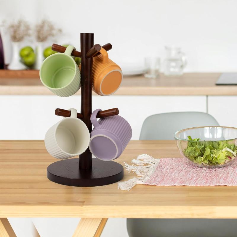 Wood Mug Holder With Thick Base, Coffee Cup Rack Organizer With 6 Hooks
