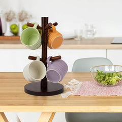 Wood Mug Holder With Thick Base, Coffee Cup Rack Organizer With 6 Hooks