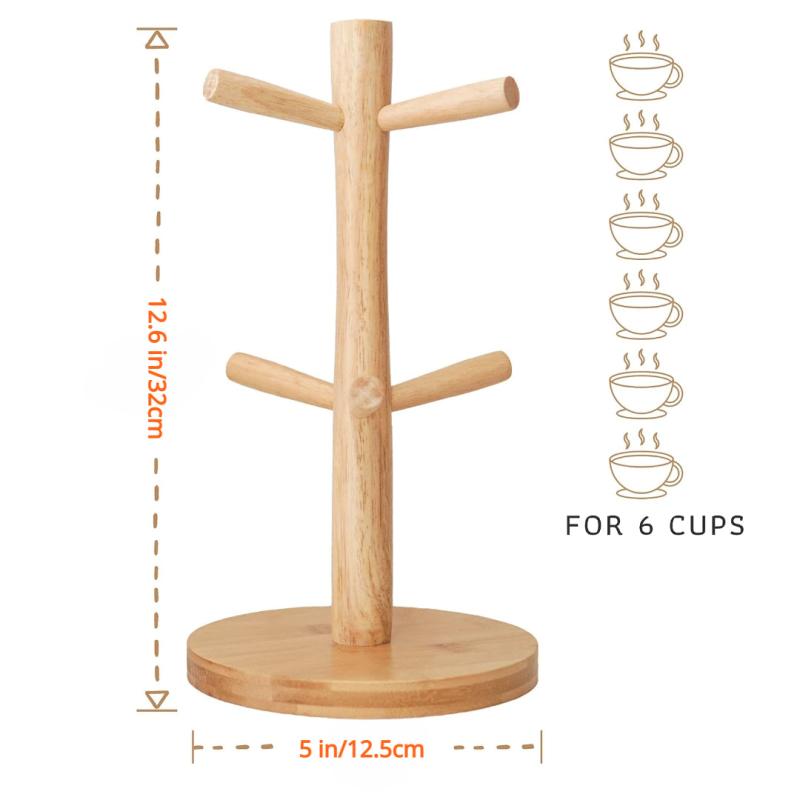 Wood Mug Holder With Thick Base, Coffee Cup Rack Organizer With 6 Hooks