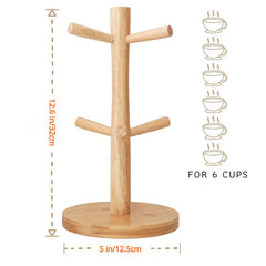 Wood Mug Holder With Thick Base, Coffee Cup Rack Organizer With 6 Hooks