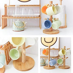 Wood Mug Holder With Thick Base, Coffee Cup Rack Organizer With 6 Hooks