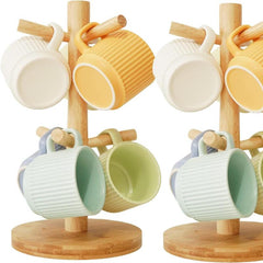 Wood Mug Holder With Thick Base, Coffee Cup Rack Organizer With 6 Hooks