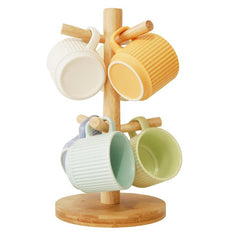 Wood Mug Holder With Thick Base, Coffee Cup Rack Organizer With 6 Hooks