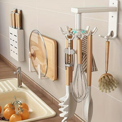 Kitchen Rotating Punch Wall Shelf 10 Hooks Pot Shovel Chopping Board Hook