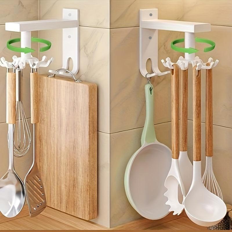 Kitchen Rotating Punch Wall Shelf 10 Hooks Pot Shovel Chopping Board Hook