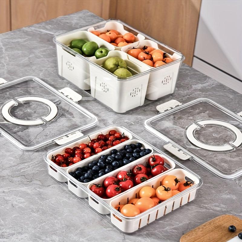 Refrigerator Storage Box With Lid And Drain Basket 4 Compartments