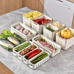 Refrigerator Storage Box With Lid And Drain Basket 4 Compartments