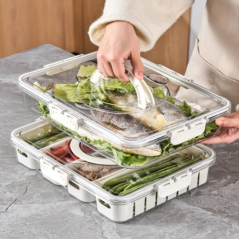 Refrigerator Storage Box With Lid And Drain Basket 4 Compartments