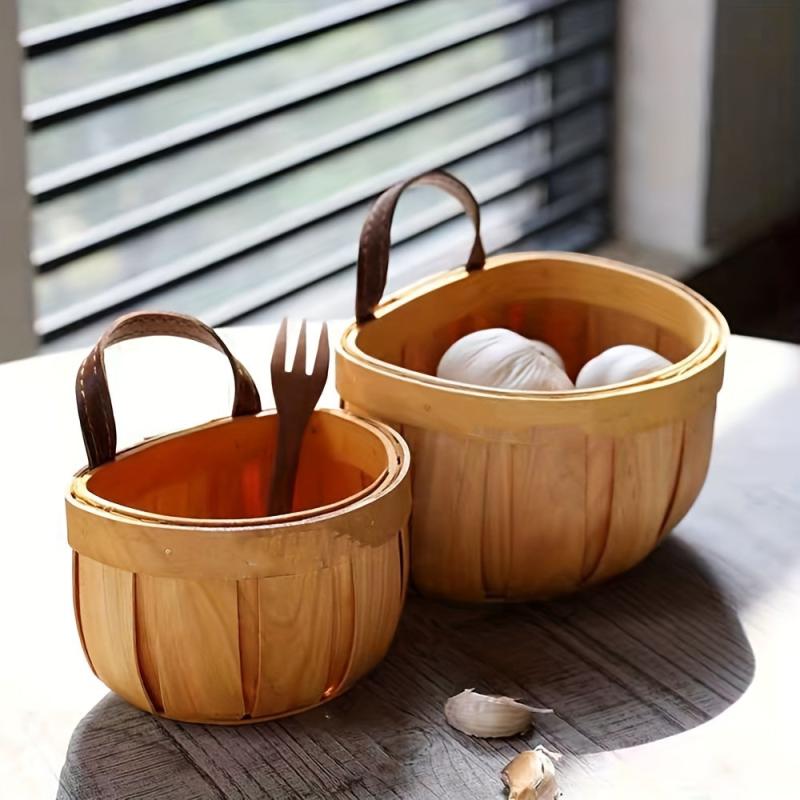 Handwoven Wood Slices Wall Basket Kitchen Garlic Ginger Storage