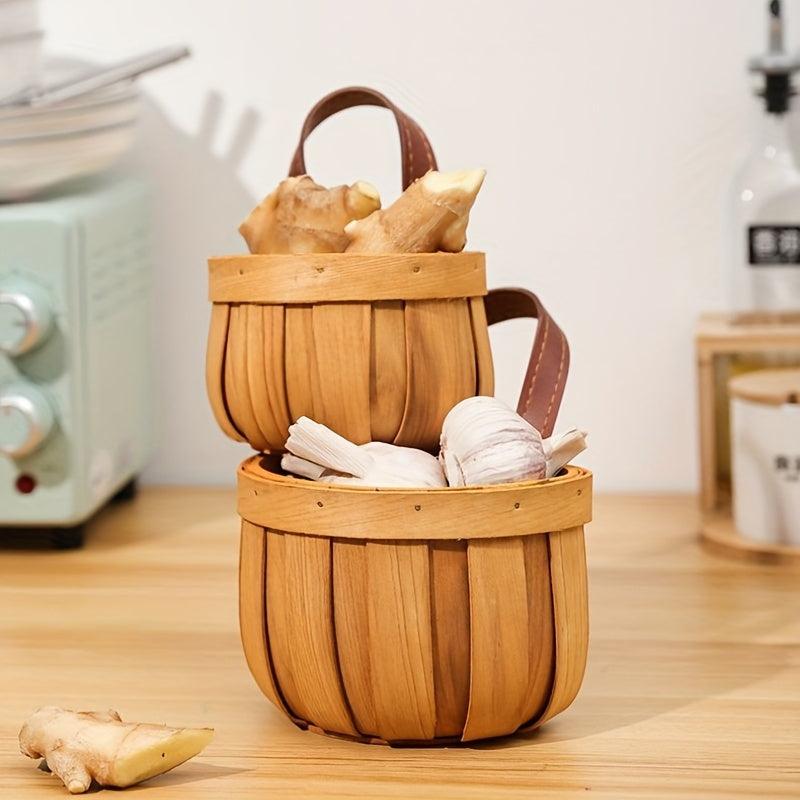 Handwoven Wood Slices Wall Basket Kitchen Garlic Ginger Storage
