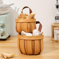 Handwoven Wood Slices Wall Basket Kitchen Garlic Ginger Storage
