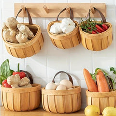 Handwoven Wood Slices Wall Basket Kitchen Garlic Ginger Storage