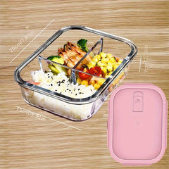 Grided Glass Lunch Box w/ Lid Microwave Safe Bento Box Pink Lid