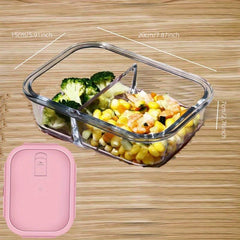 Grided Glass Lunch Box w/ Lid Microwave Safe Bento Box Pink Lid