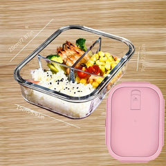 Grided Glass Lunch Box w/ Lid Microwave Safe Bento Box Pink Lid