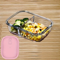 Grided Glass Lunch Box w/ Lid Microwave Safe Bento Box Pink Lid