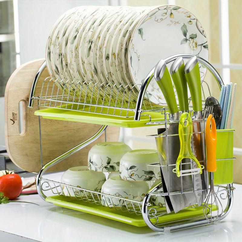 2 Tier Dish Drainer Rack Drip Tray Sink Drying