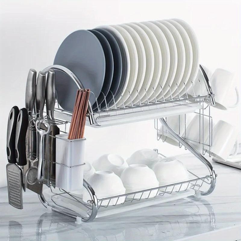 2 Tier Dish Drainer Rack Drip Tray Sink Drying