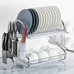 2 Tier Dish Drainer Rack Drip Tray Sink Drying