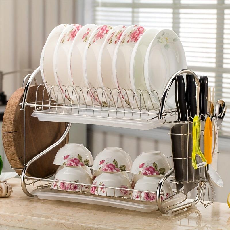 2 Tier Dish Drainer Rack Drip Tray Sink Drying