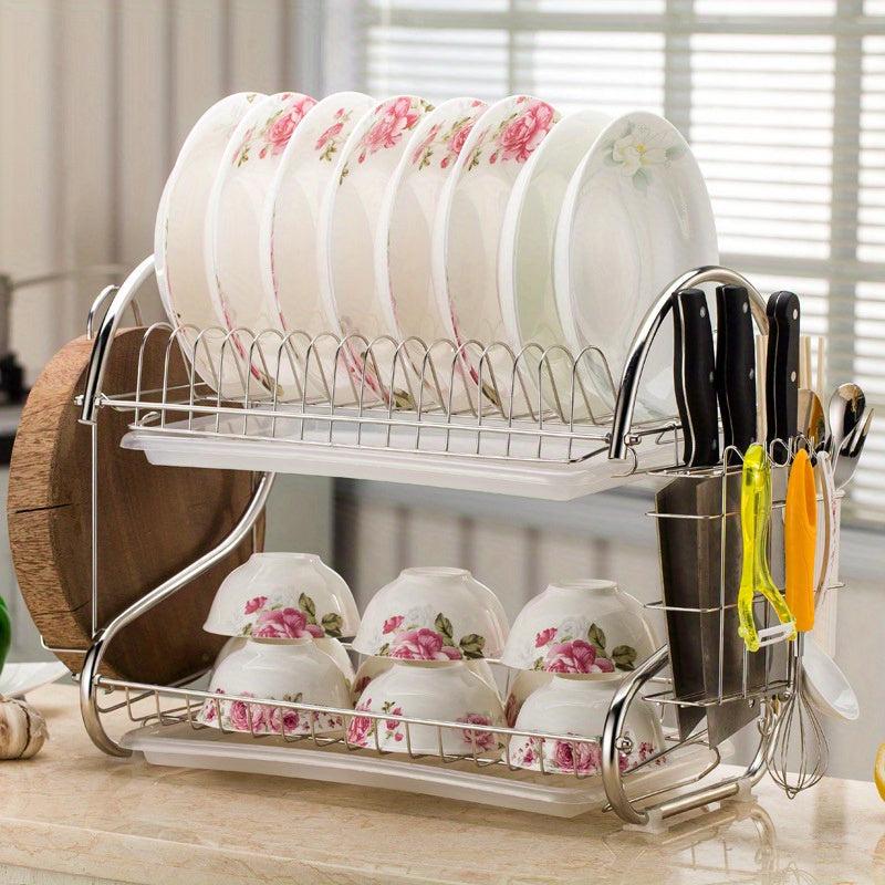 2 Tier Dish Drainer Rack Drip Tray Sink Drying