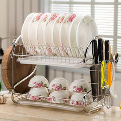 2 Tier Dish Drainer Rack Drip Tray Sink Drying
