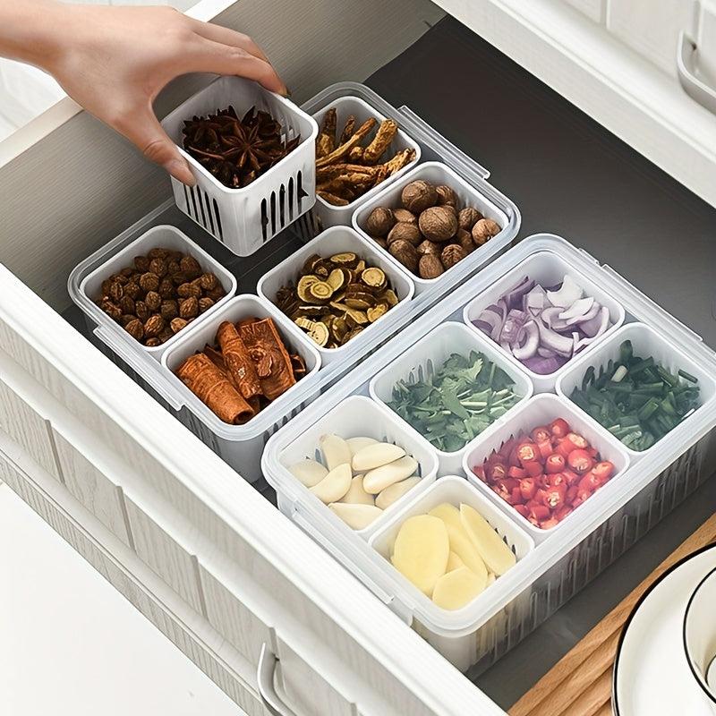 Refrigerator Food Storage Containers with Strainer 6 Grids Kitchen Organizer