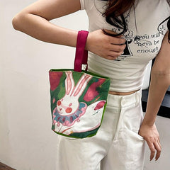 Cartoon Printed Canvas Bucket Shaped Tote Bag - Handbag for Lunch or Shopping