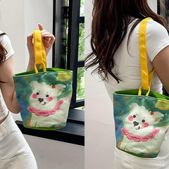 Cartoon Printed Canvas Bucket Shaped Tote Bag - Handbag for Lunch or Shopping