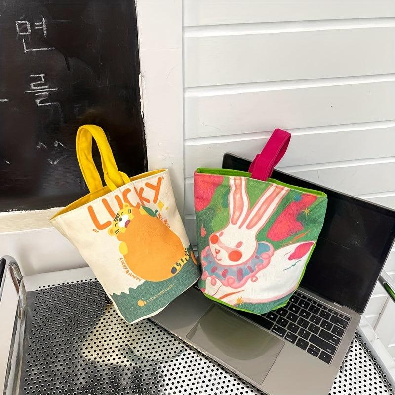 Cartoon Printed Canvas Bucket Shaped Tote Bag - Handbag for Lunch or Shopping