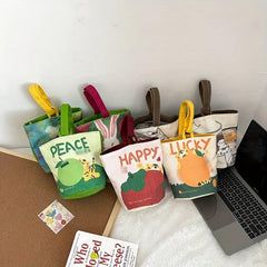 Cartoon Printed Canvas Bucket Shaped Tote Bag - Handbag for Lunch or Shopping