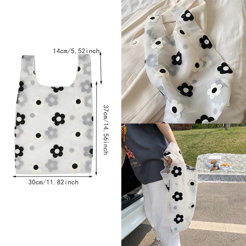 Embroidered Clear Organza Tote Recycle Shopping Bag Shoulder Bags For Female