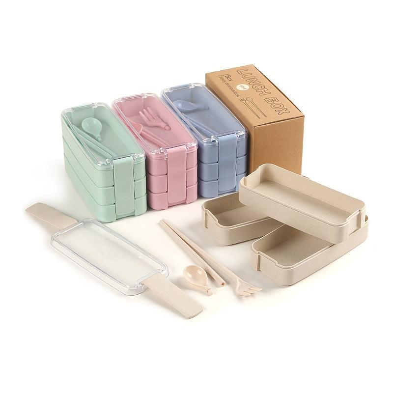 2pcs Wheat Straw Three-layer Lunch Box Microwave Safe Bento Box Large Capacity