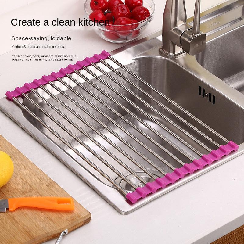 Foldable Stainless Steel Sink Drying Rack for Tableware Fruit Vegetable Filter