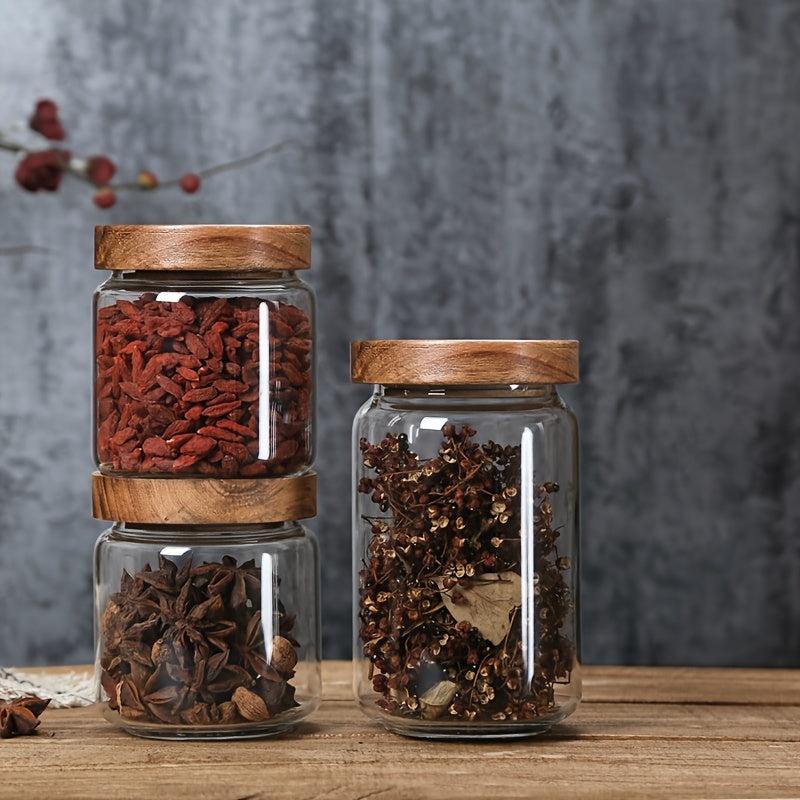 Glass Storage Jar with Wood Lids for Coffee Tea Nuts Sugar Candy Spices
