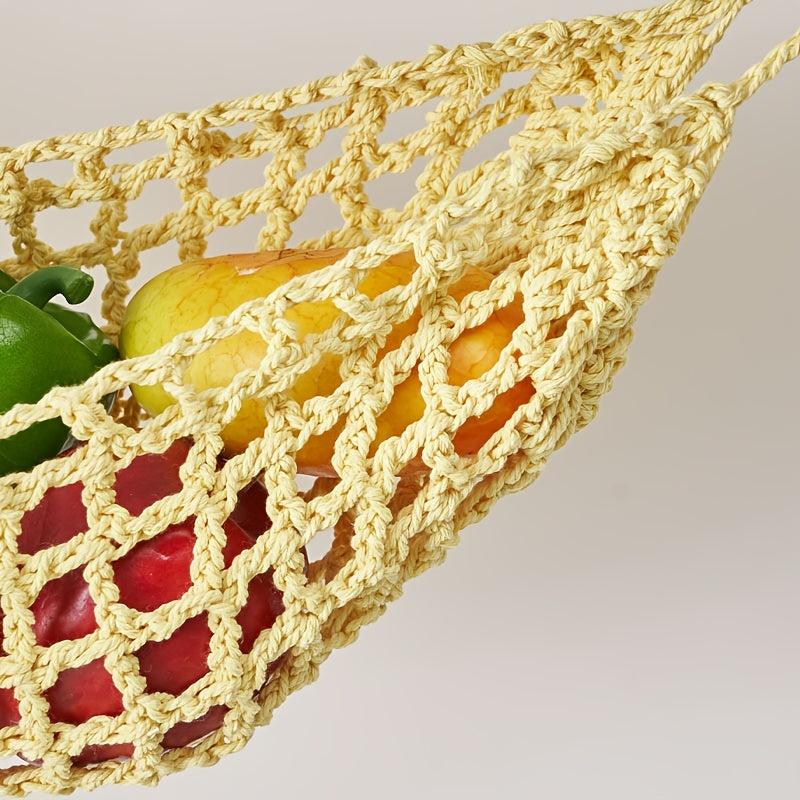 1pc Kitchen Cotton Rope Woven Hanging Fruit Basket with 4 Hooks