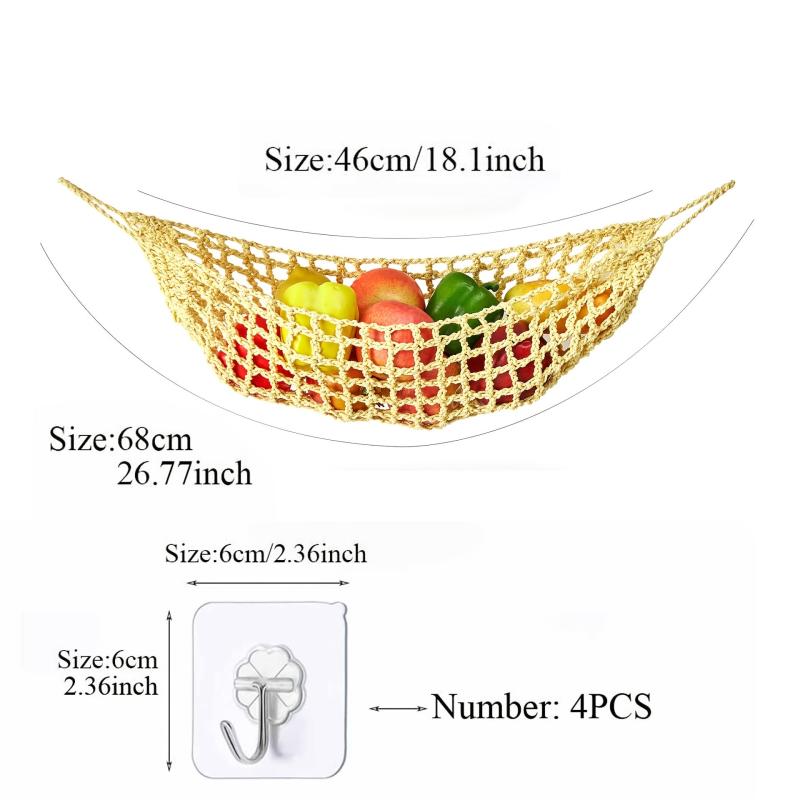 1pc Kitchen Cotton Rope Woven Hanging Fruit Basket with 4 Hooks