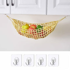 1pc Kitchen Cotton Rope Woven Hanging Fruit Basket with 4 Hooks