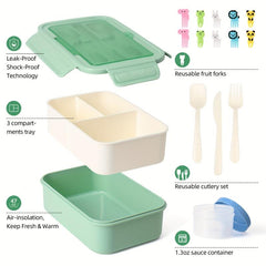 Bento Lunch Box With Cutlery Leakproof 3 Compartments Set