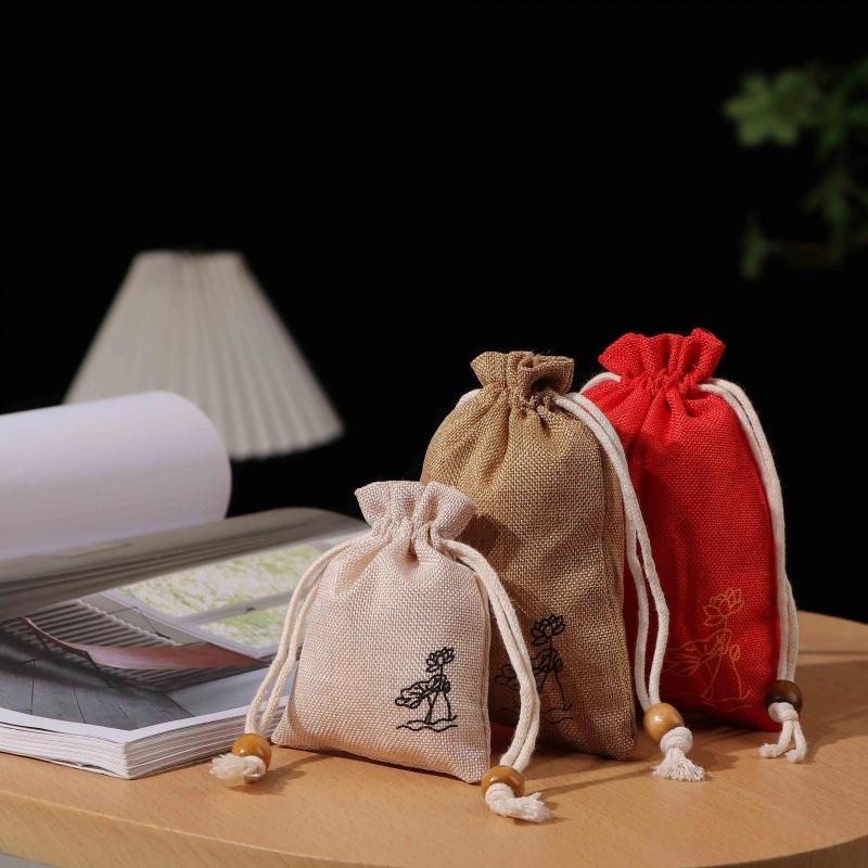 6pcs Burlap Bundle Pockets Thin Hemp Lotus Leaf Shape Drawstring Bundle Pockets