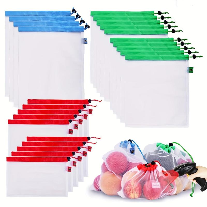 15pcs Reusable Produce Storage Bags Drawstring Leak Proof