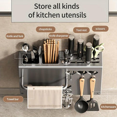 Wall Mounted Kitchen Holder with Towel Rack and Hooks