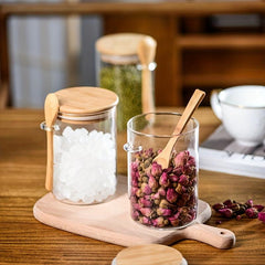 Glass Storage Jar With Lid Spoon Airtight Bamboo Wooden Lid Food Canisters
